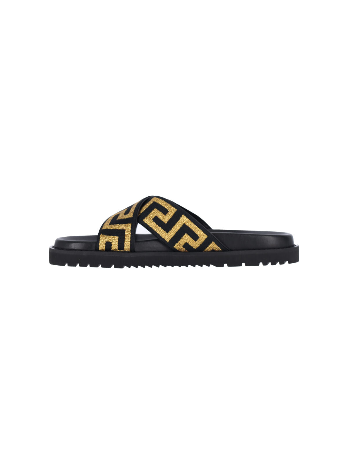Cross-strap Slip-On Sandals with Gold Greca Motif