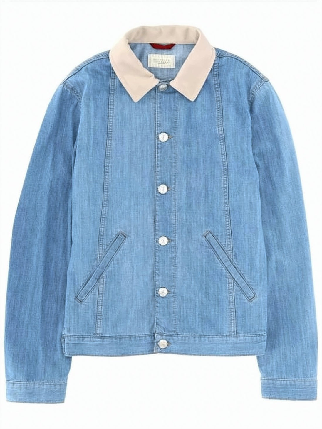 Light Blue Wash Denim Jacket with Contrasting Beige Collar