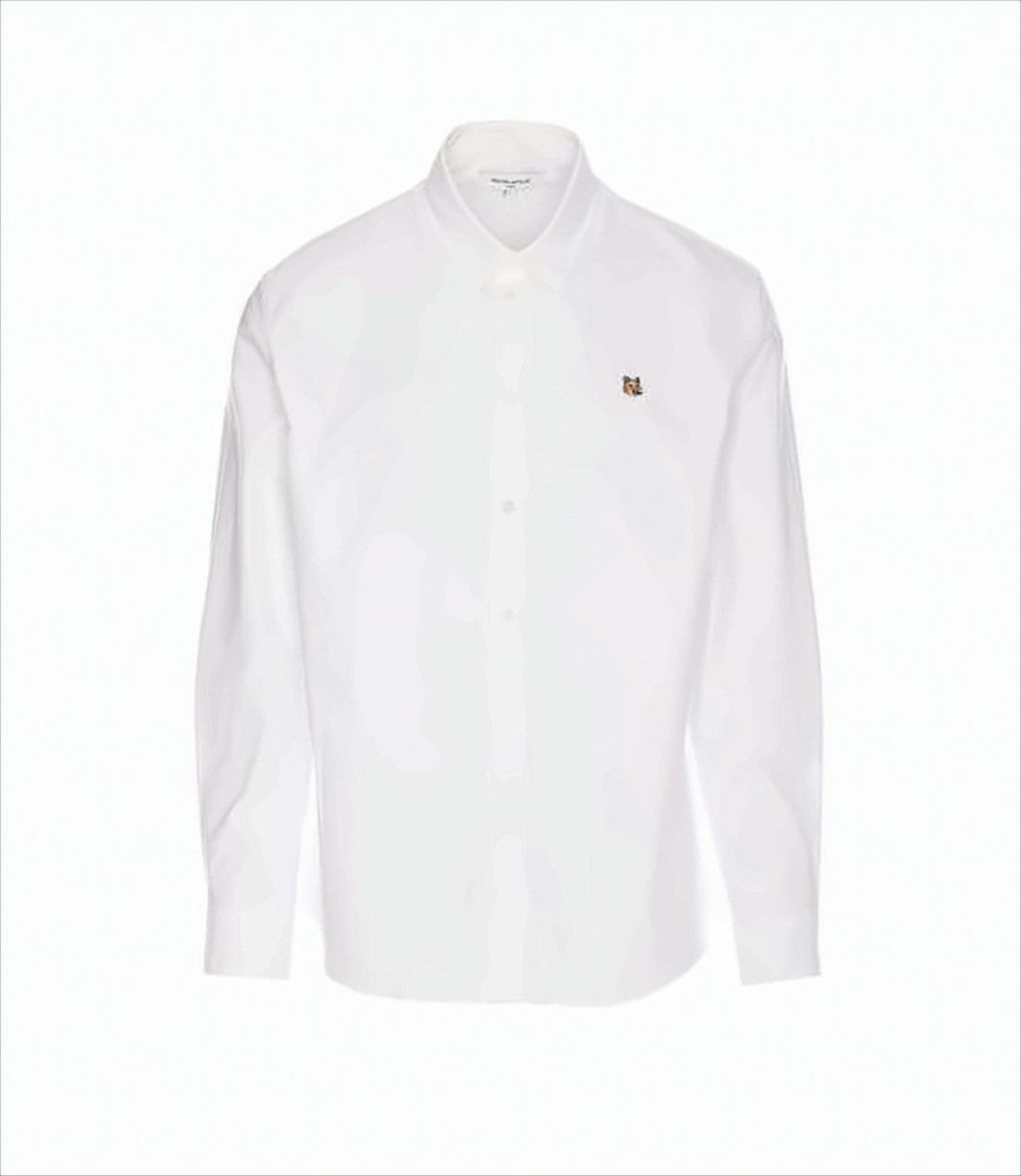 Long-Sleeve White Cotton Shirt With Embroidered Fox Detail