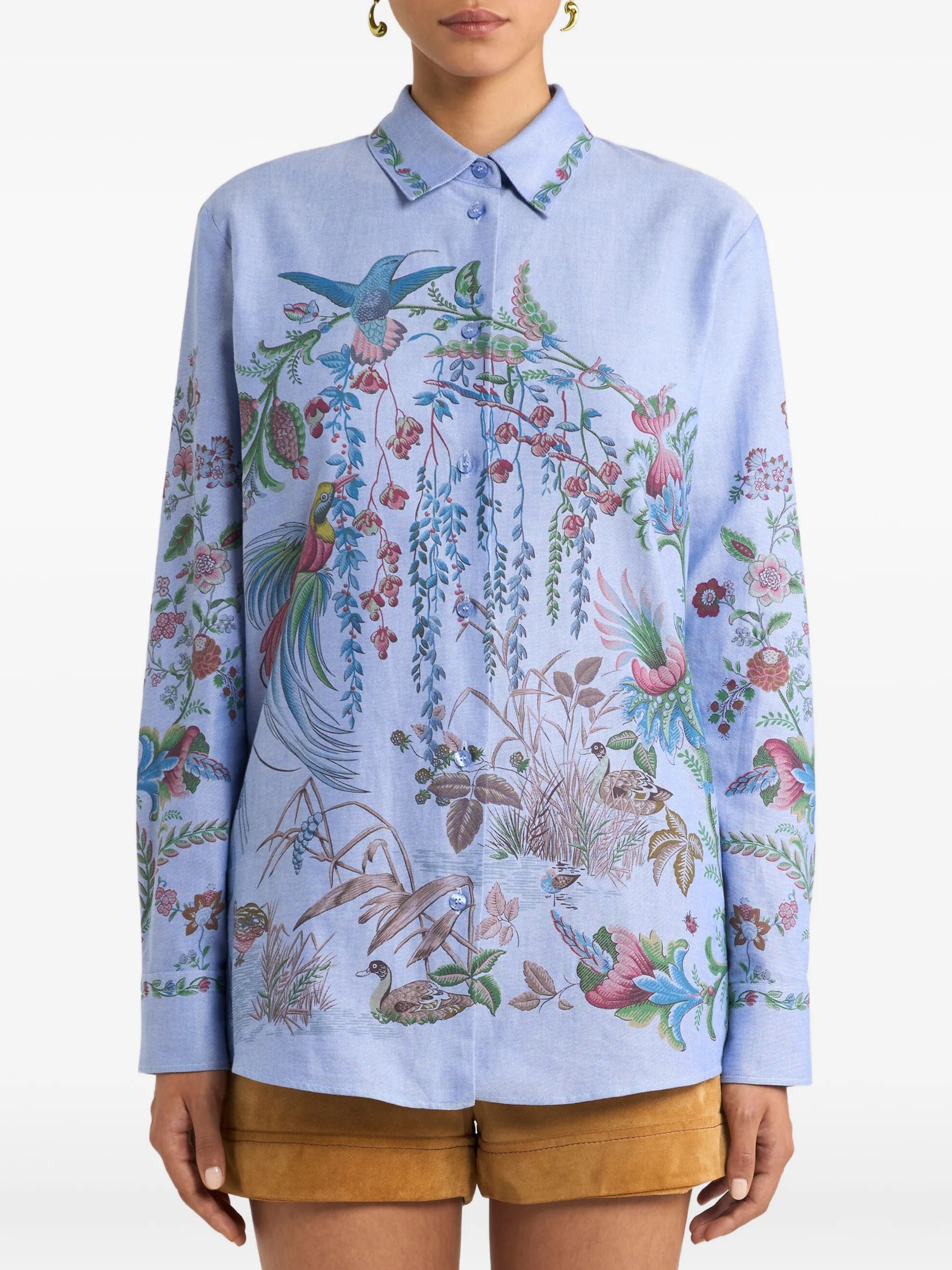 Light Blue Botanical Print Button-Up Shirt