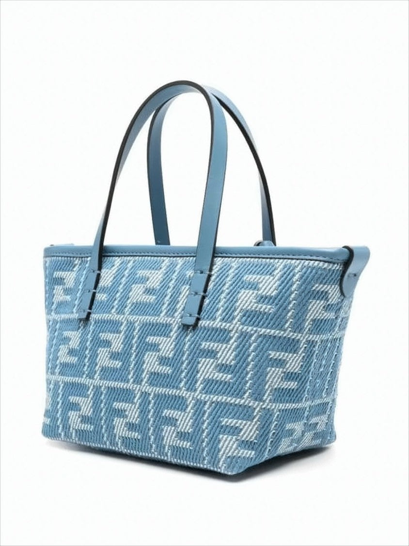 Trapezoidal Woven Fabric Tote Bag With Leather Trim