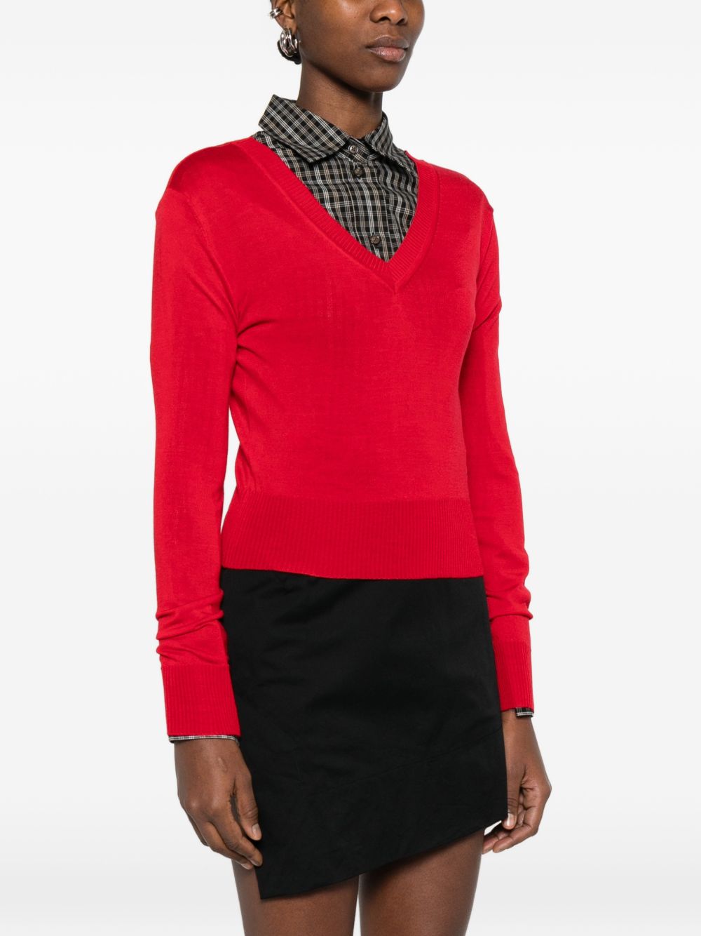 Fitted Red Sweater With Deep V-Neckline And Ribbed Cuffs