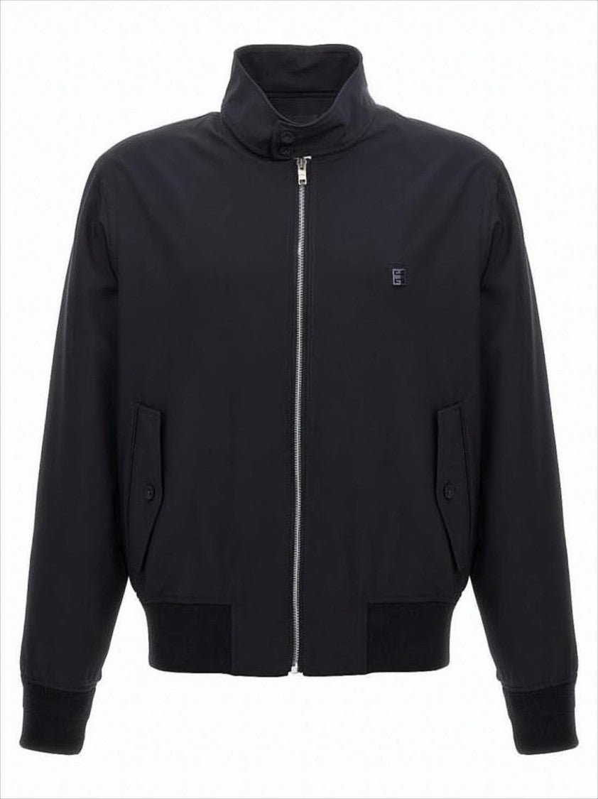 High Collar Black Jacket with Button Closure and Ribbed Cuffs