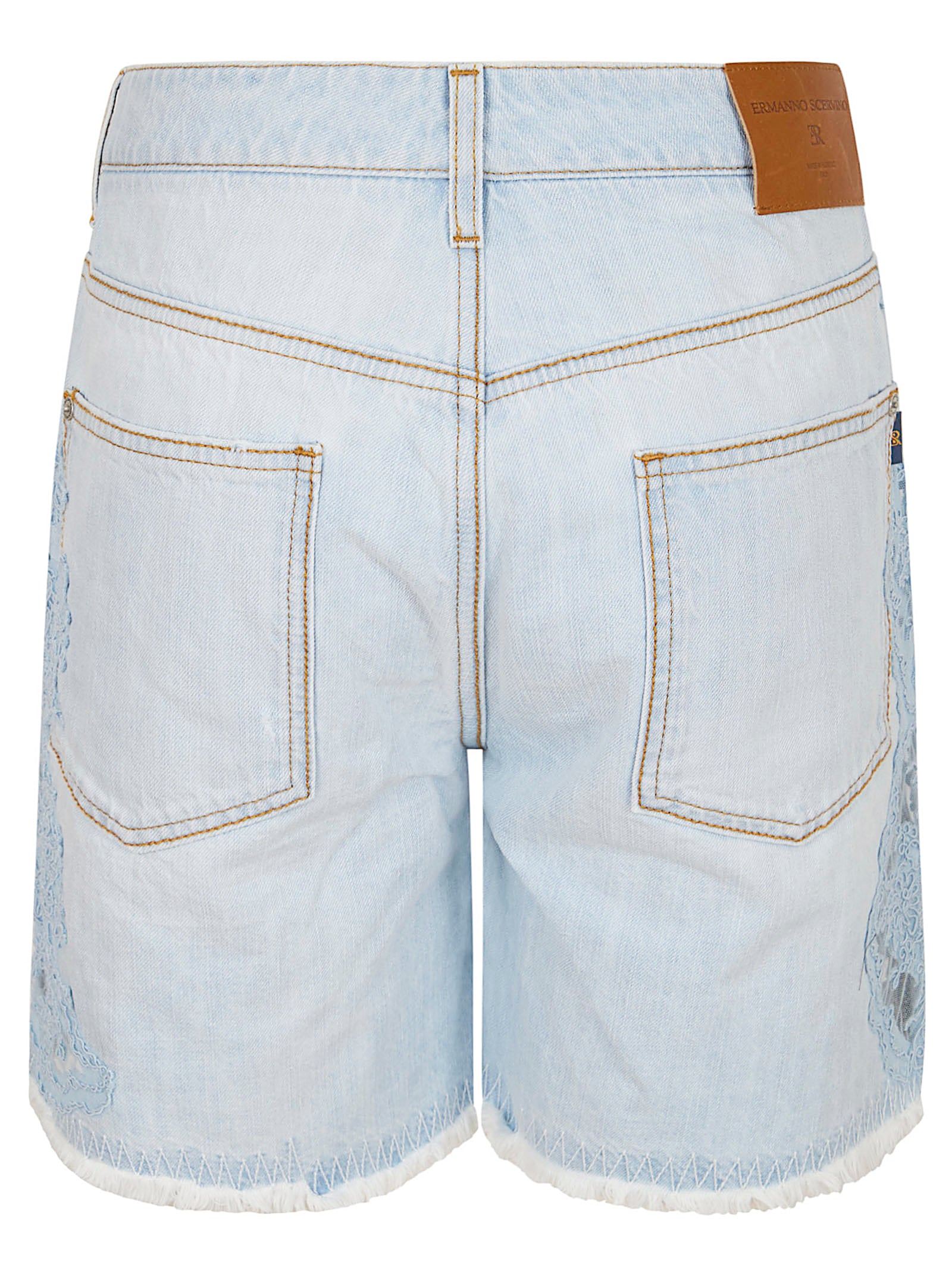 Embroidered Light Blue Denim Bermudas With Frayed Hem