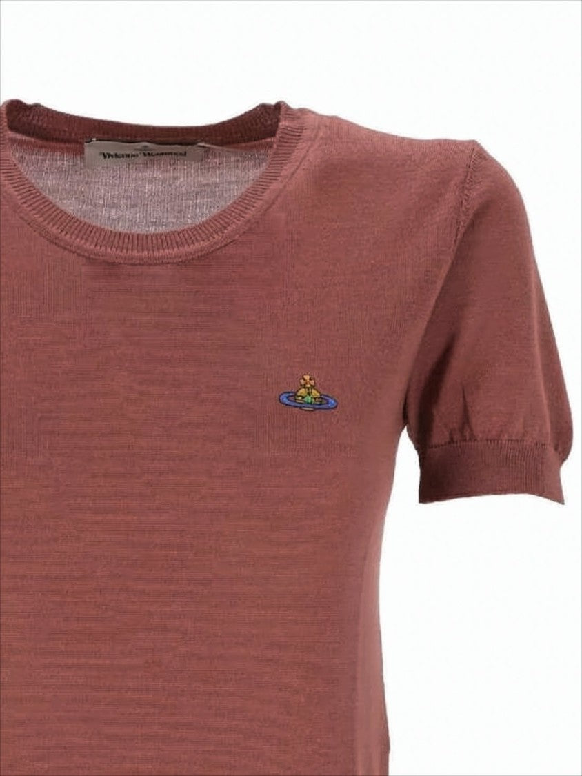 Brown Short-Sleeved Fitted Sweater with Ribbed Details