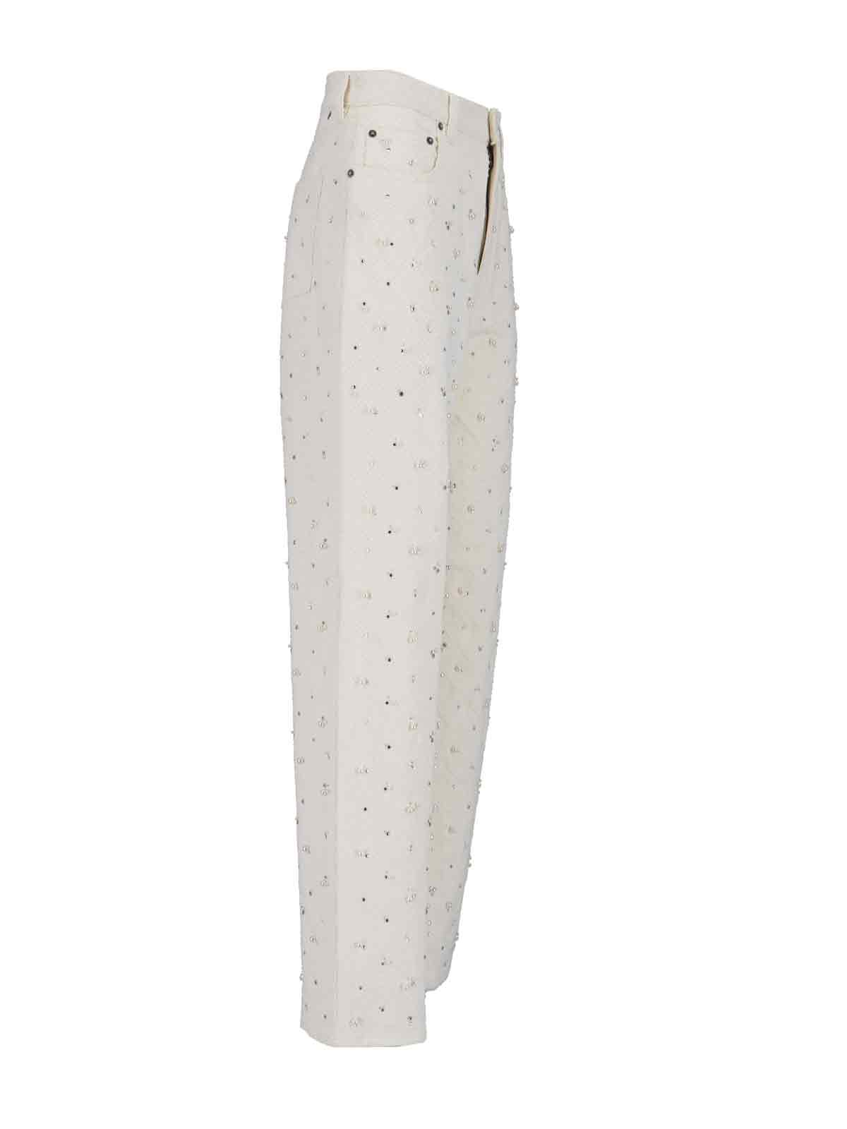 High-Waisted White Denim Jeans with Crystal Embellishments