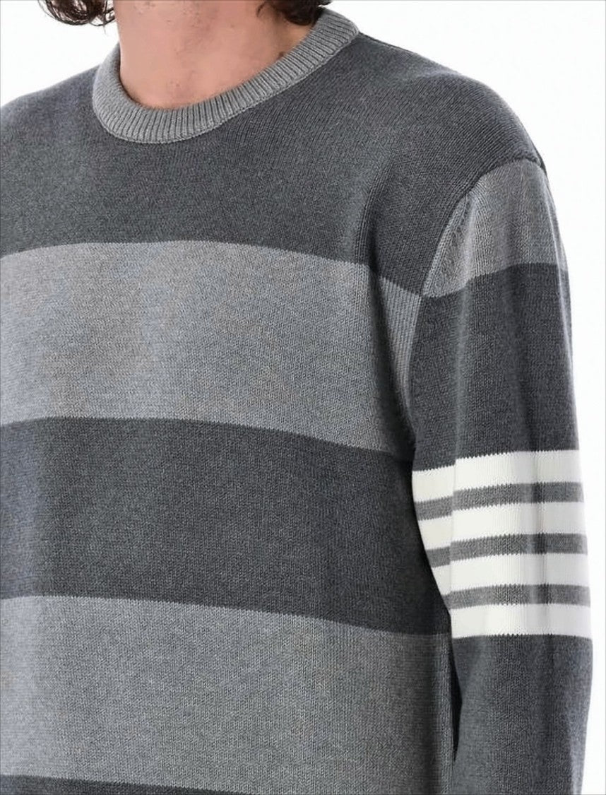 Relaxed Fit Grey Striped Knitted Sweater with Rose Motif