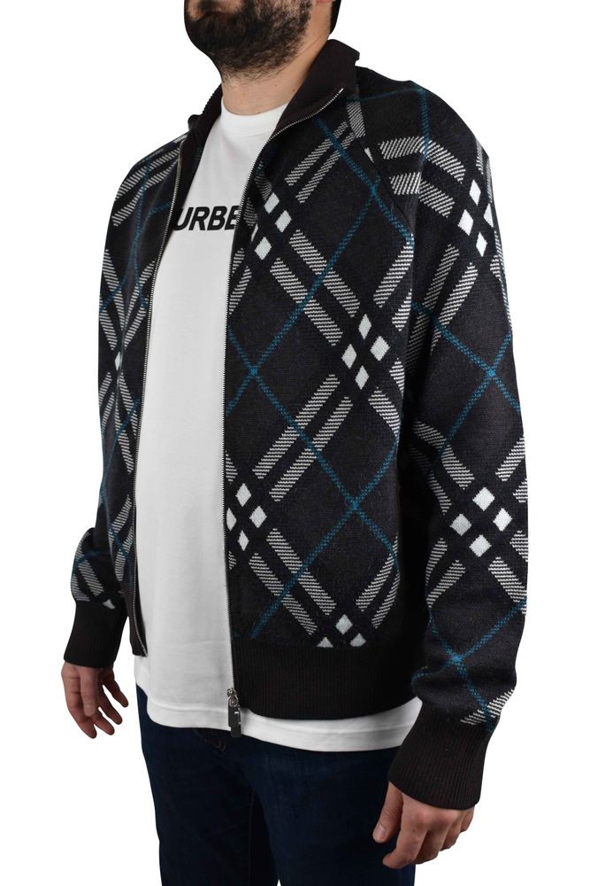 Check Pattern Wool Cardigan With High Collar