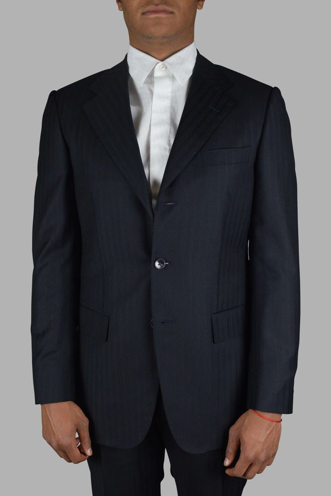 Navy Blue Two-Piece Suit With Tone-On-Tone Stripes