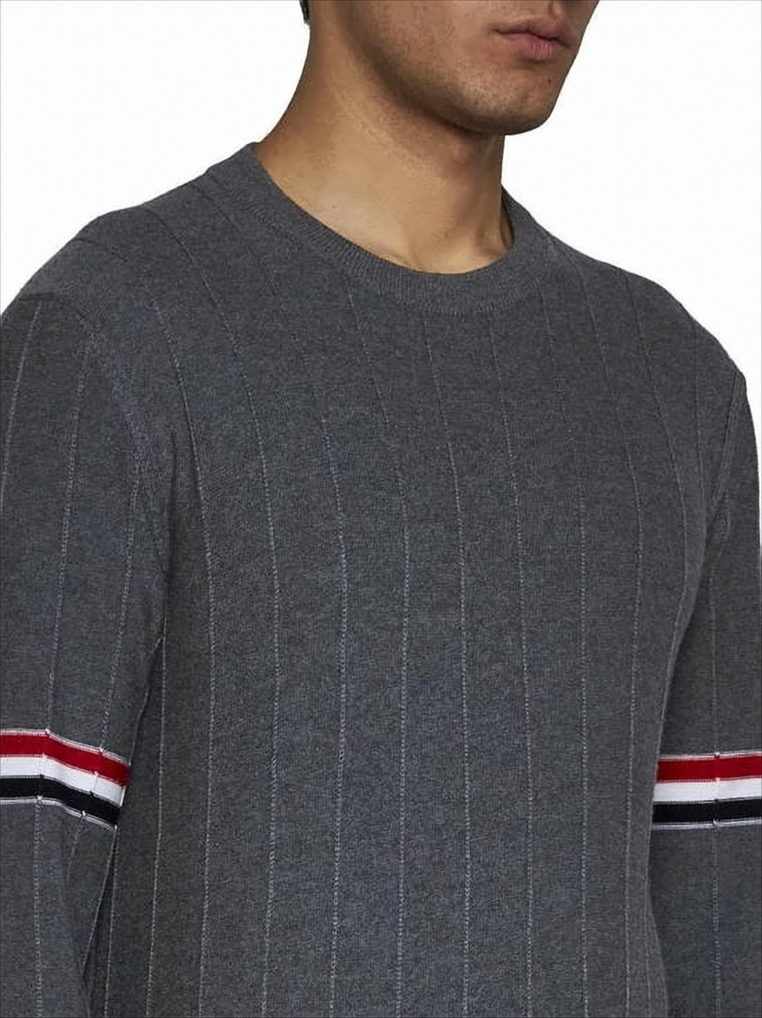 Boxy Grey Wool Sweater with Distinctive Horizontal Stripes