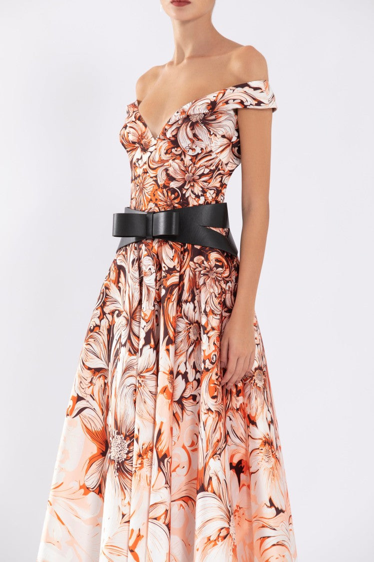 Mikado Printed Dress With Off-Shoulder Sleeves