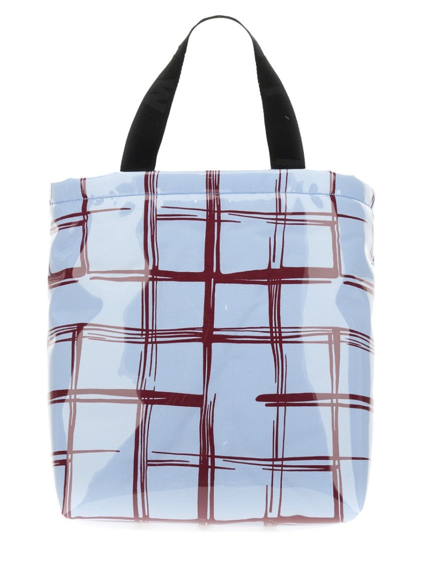 Glossy Coated Canvas Tote Bag With Double Handles And Plaid Pattern