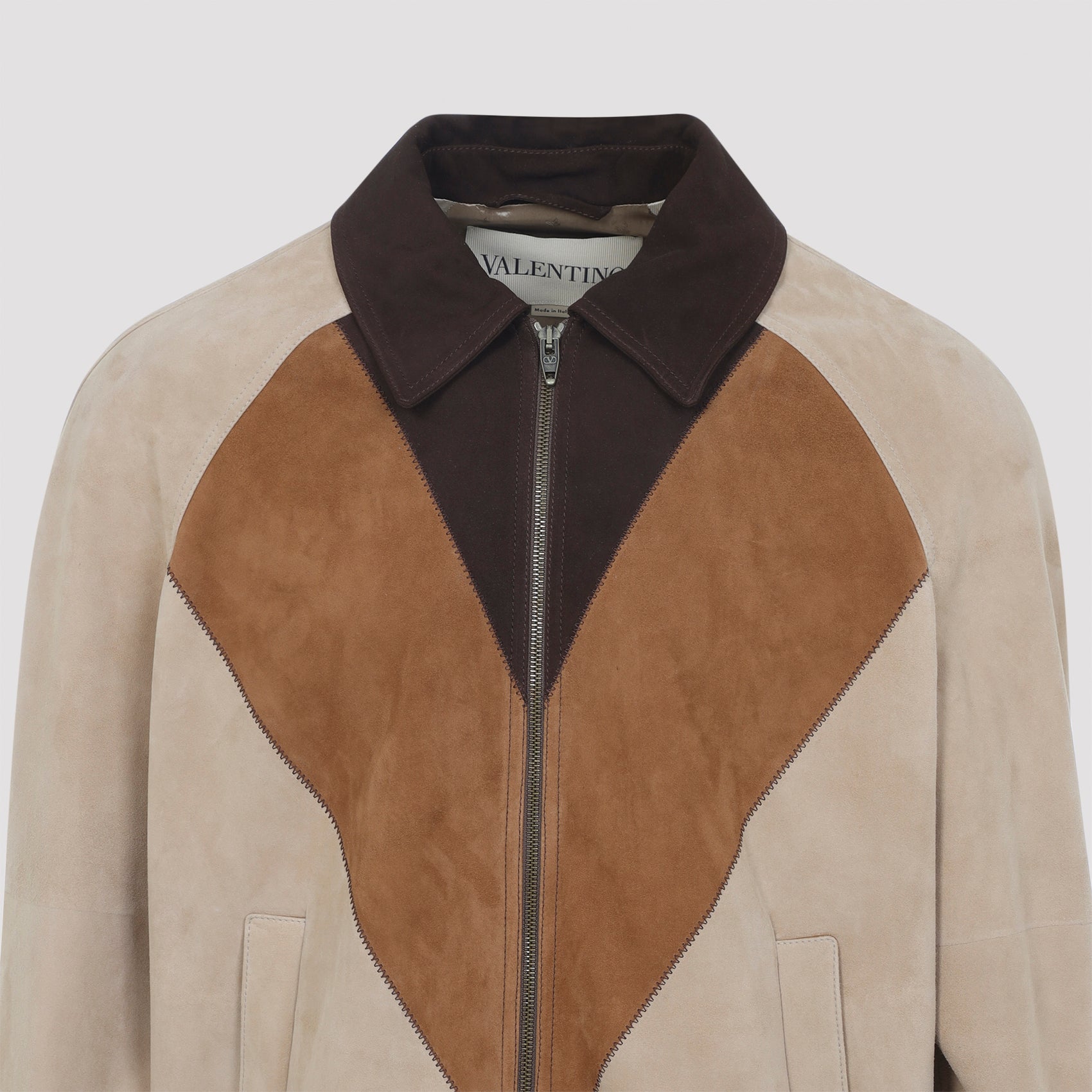 V-Shaped Color Block Jacket In Suede Leather