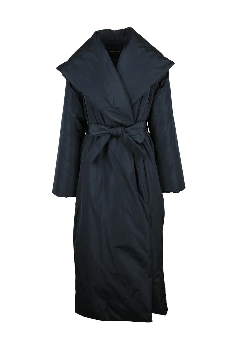 Long Down Jacket with Belt - Black