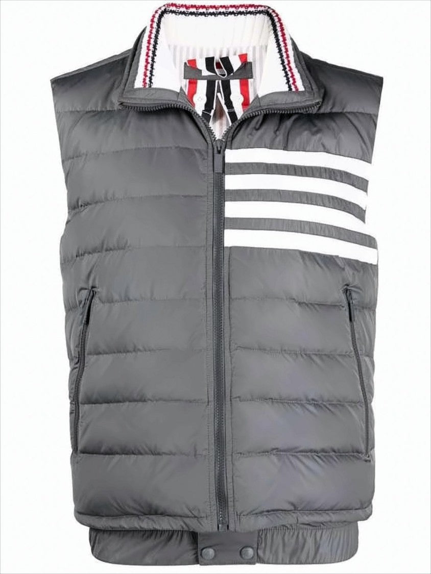 Padded Grey Vest with High Collar and Signature Stripes