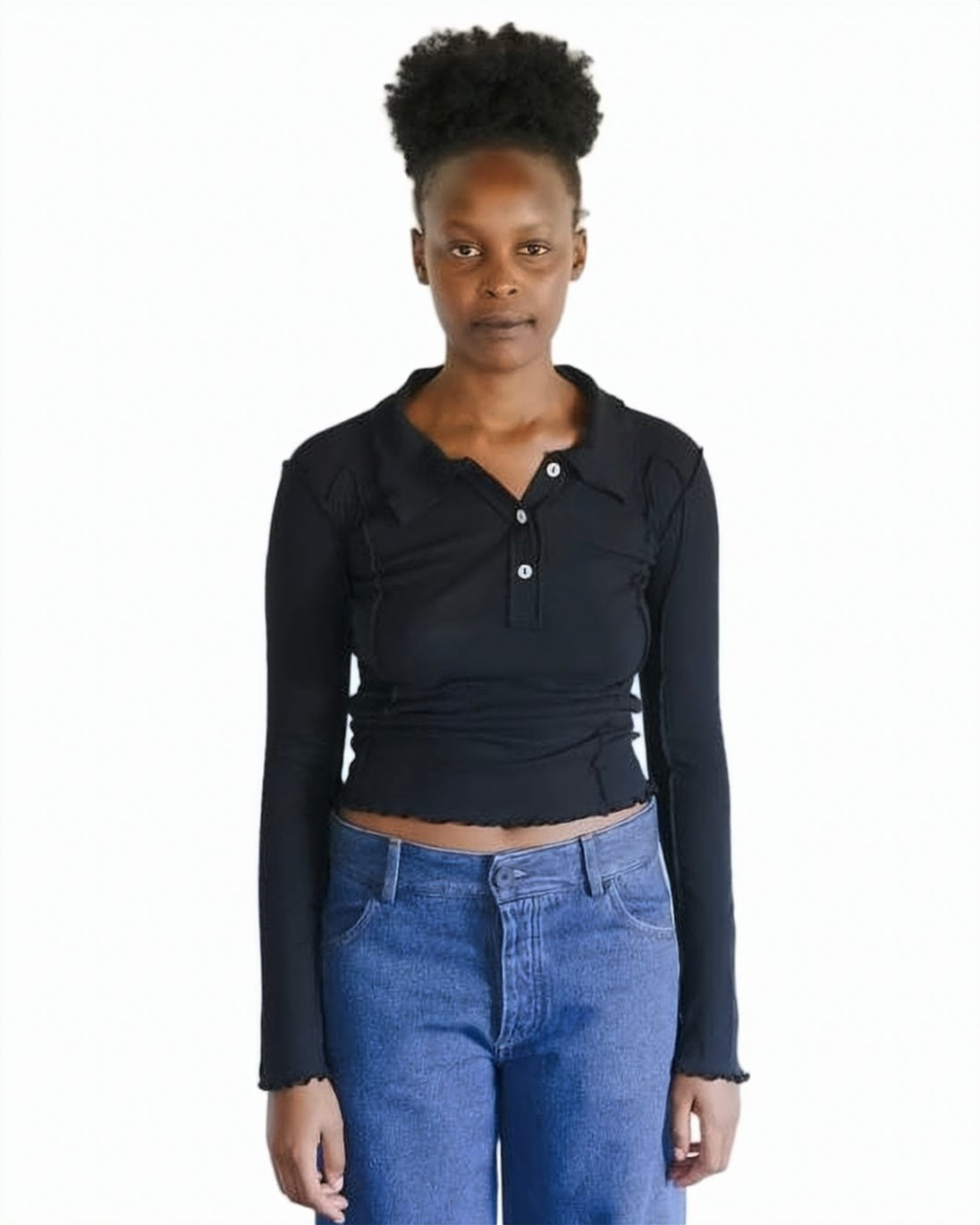White Fitted Long-Sleeve Ribbed Button Top