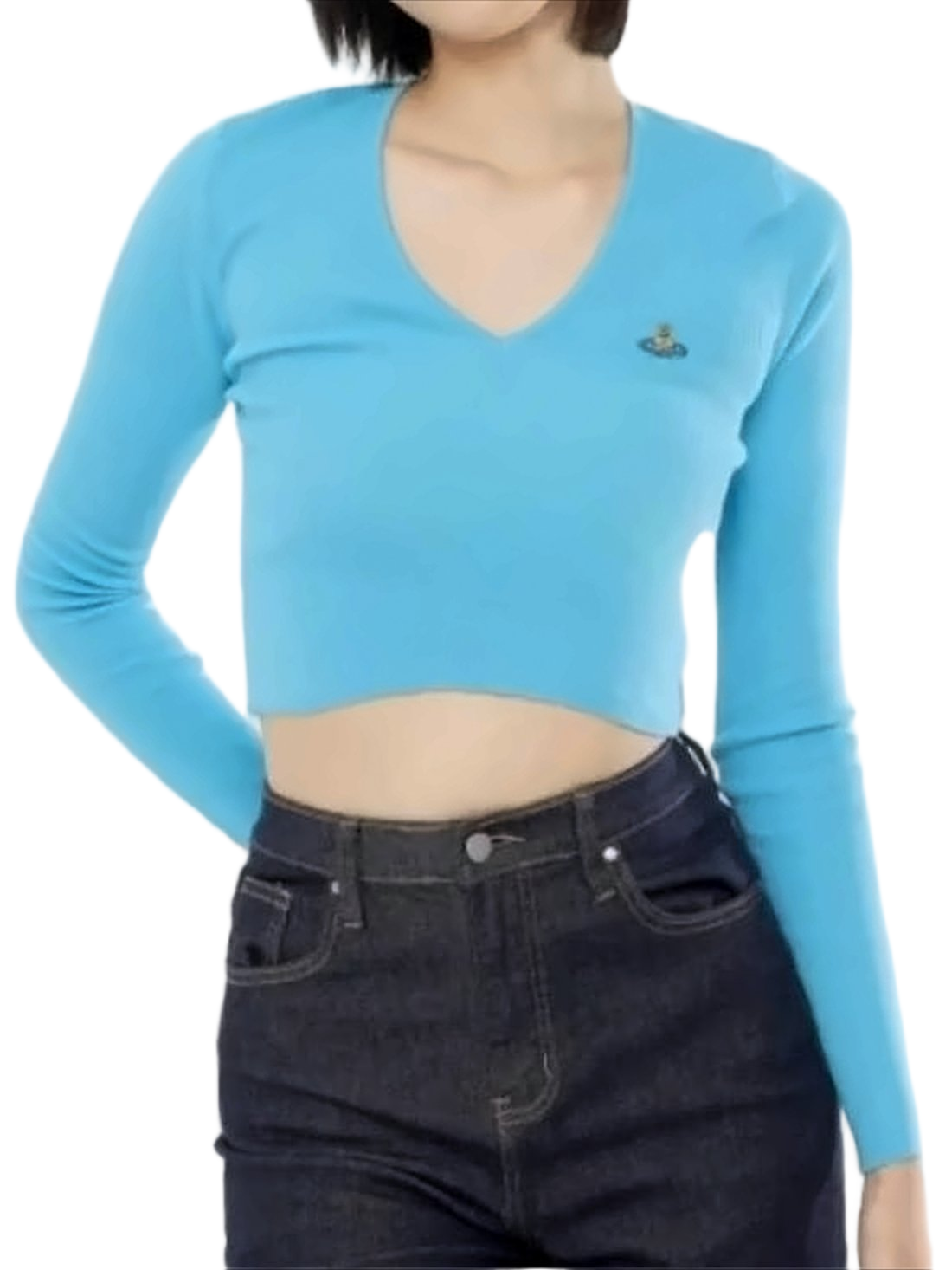 Cropped Blue Cardigan with Deep V-Neck