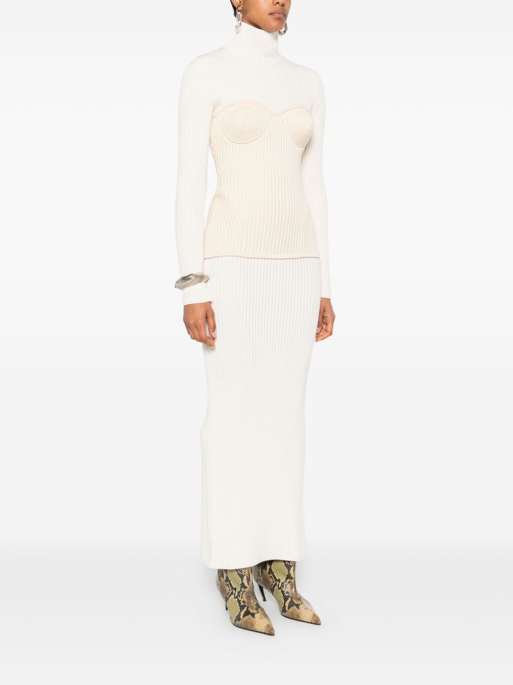 Ankle-Length Off-White Ribbed Knit Dress