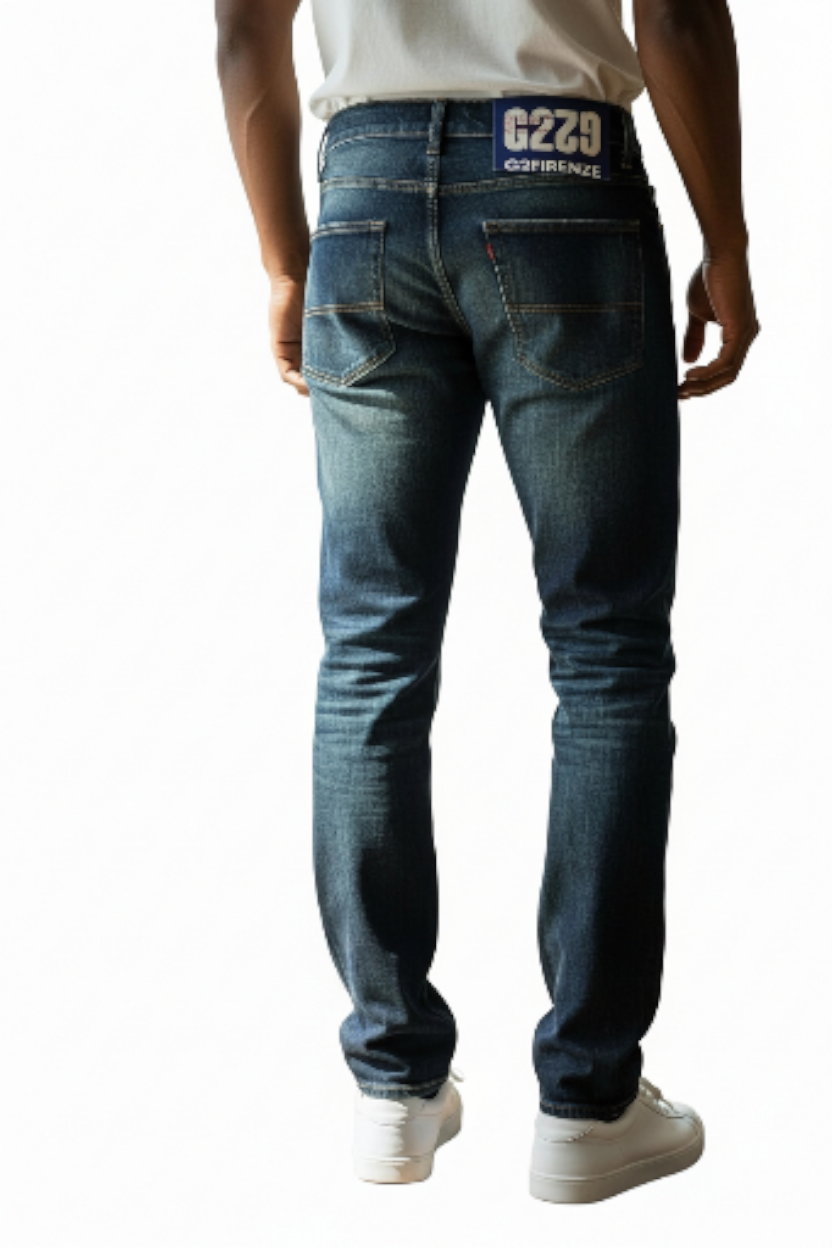 Distressed Dark Blue Denim Jeans with Five-Pocket Design