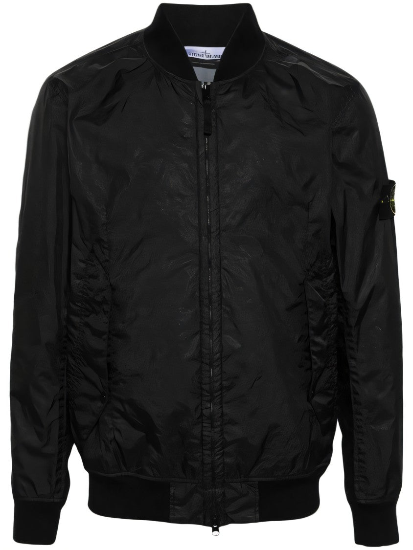 Black Leather Jacket With Zip Front And Logo Patch