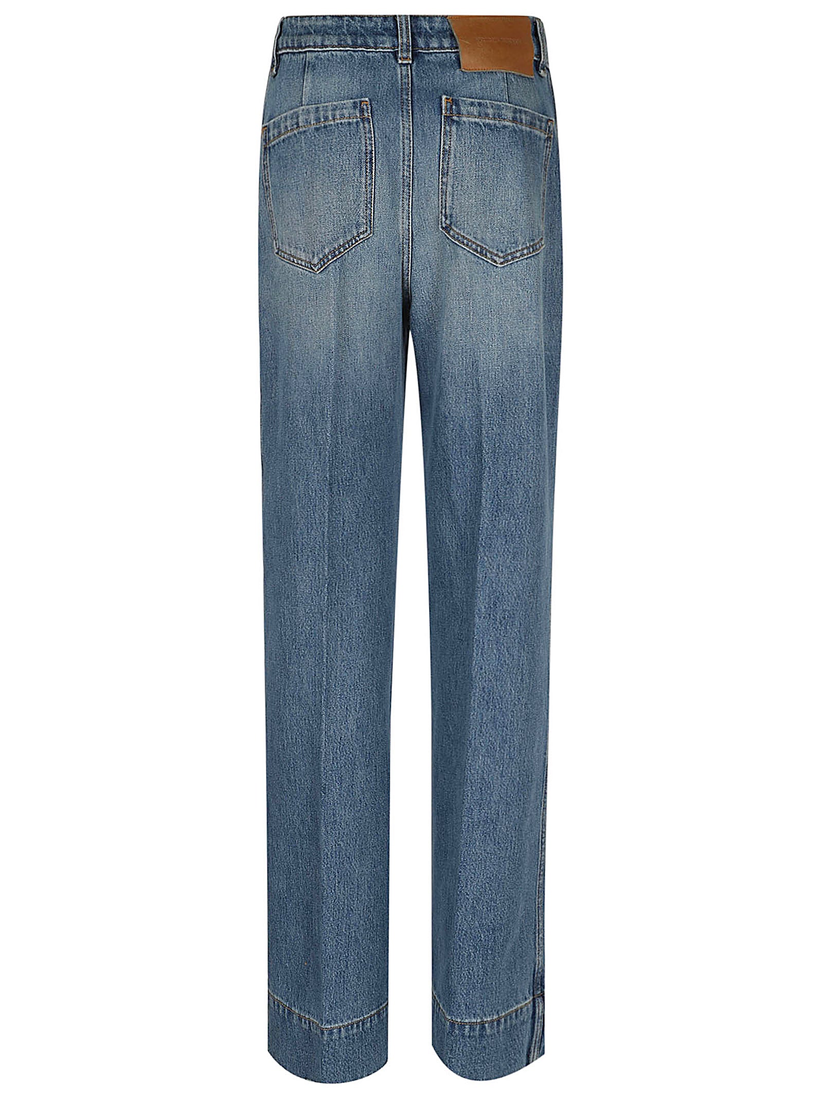 Mid-Blue Denim Jeans with Cropped Straight-Leg Silhouette