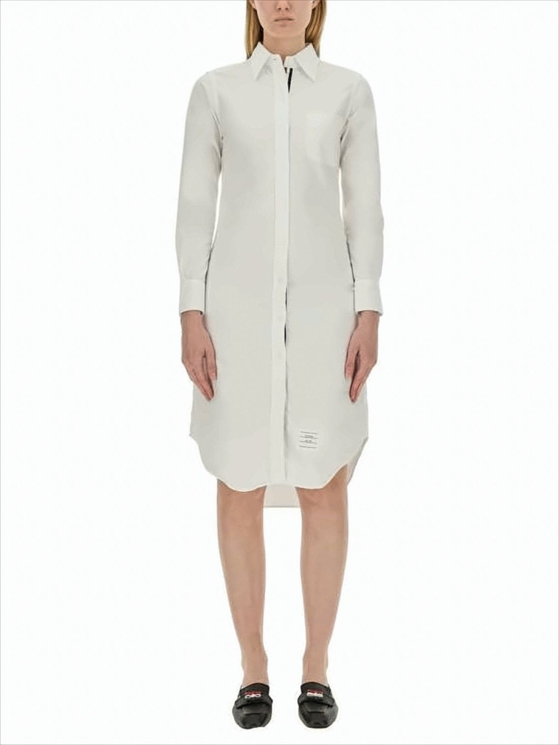Shirt Silhouette Midi Dress with Curved Hem and Logo Detail