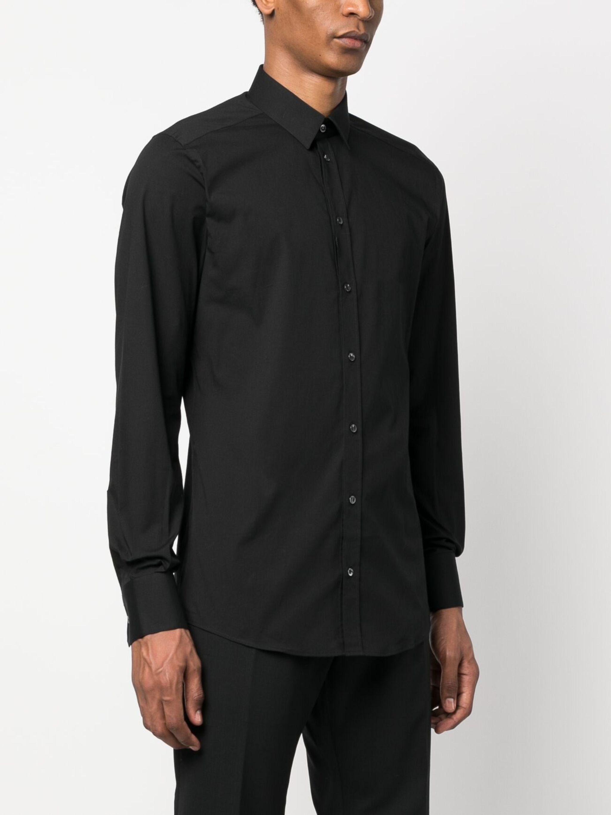 Slim-Fit Black Poplin Italian Collar Shirt