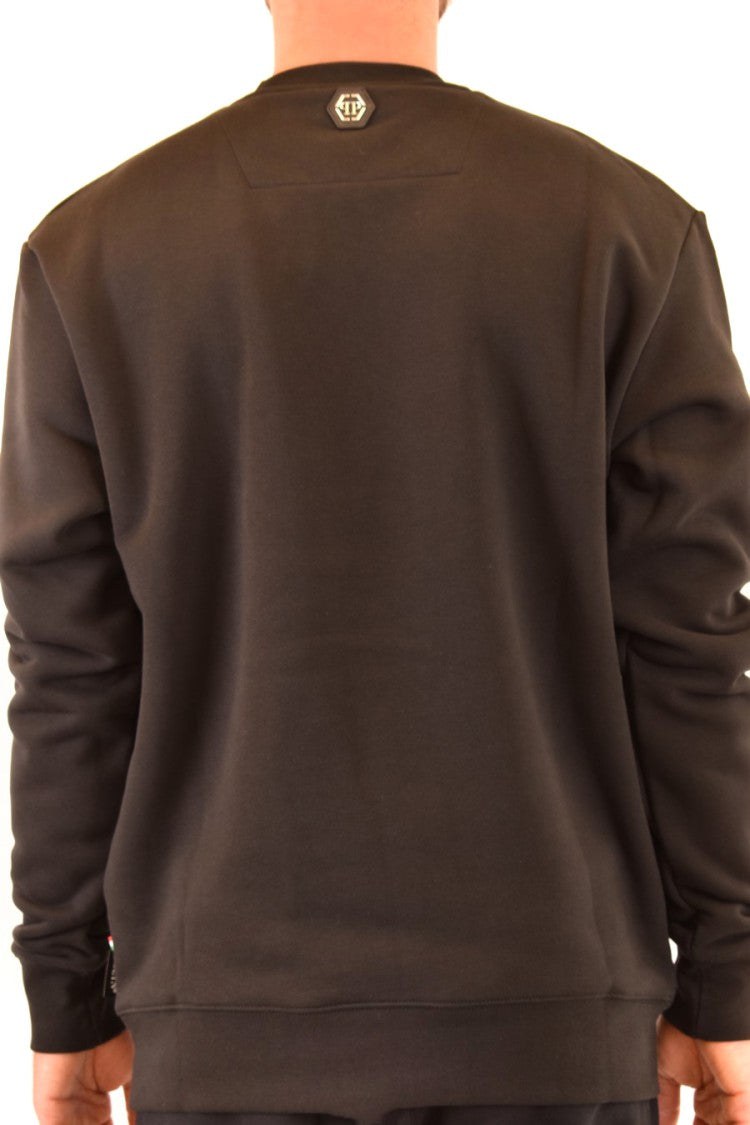 Glossy Embossed Black Sweatshirt With Crew Neck