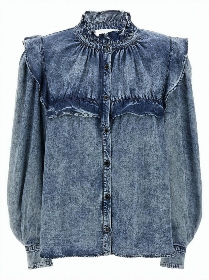 Ruffled Neckline Lyocell Shirt with Gathered Cuffs