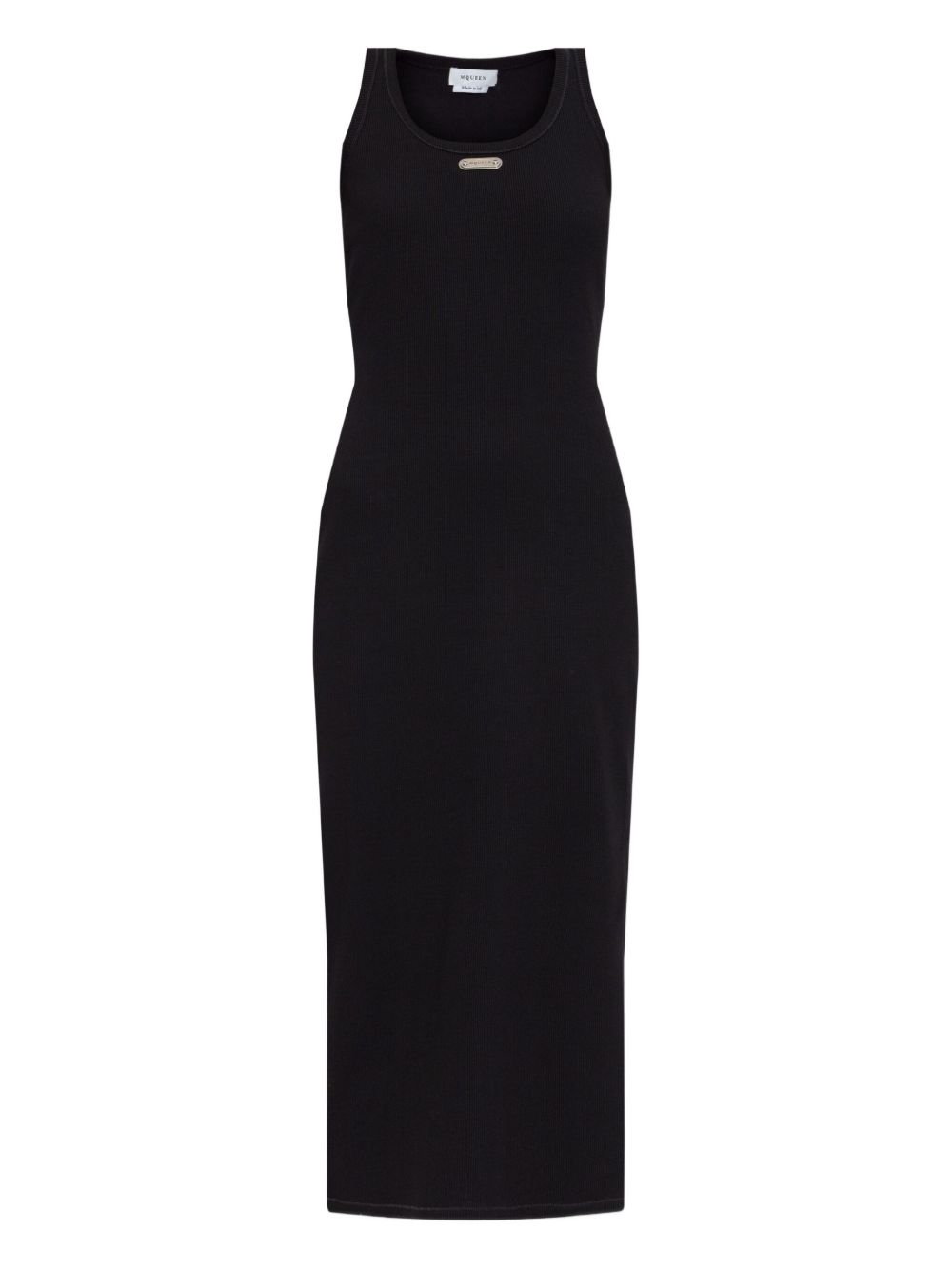 Placket Midi Dress With Crew Neck And Side Slit