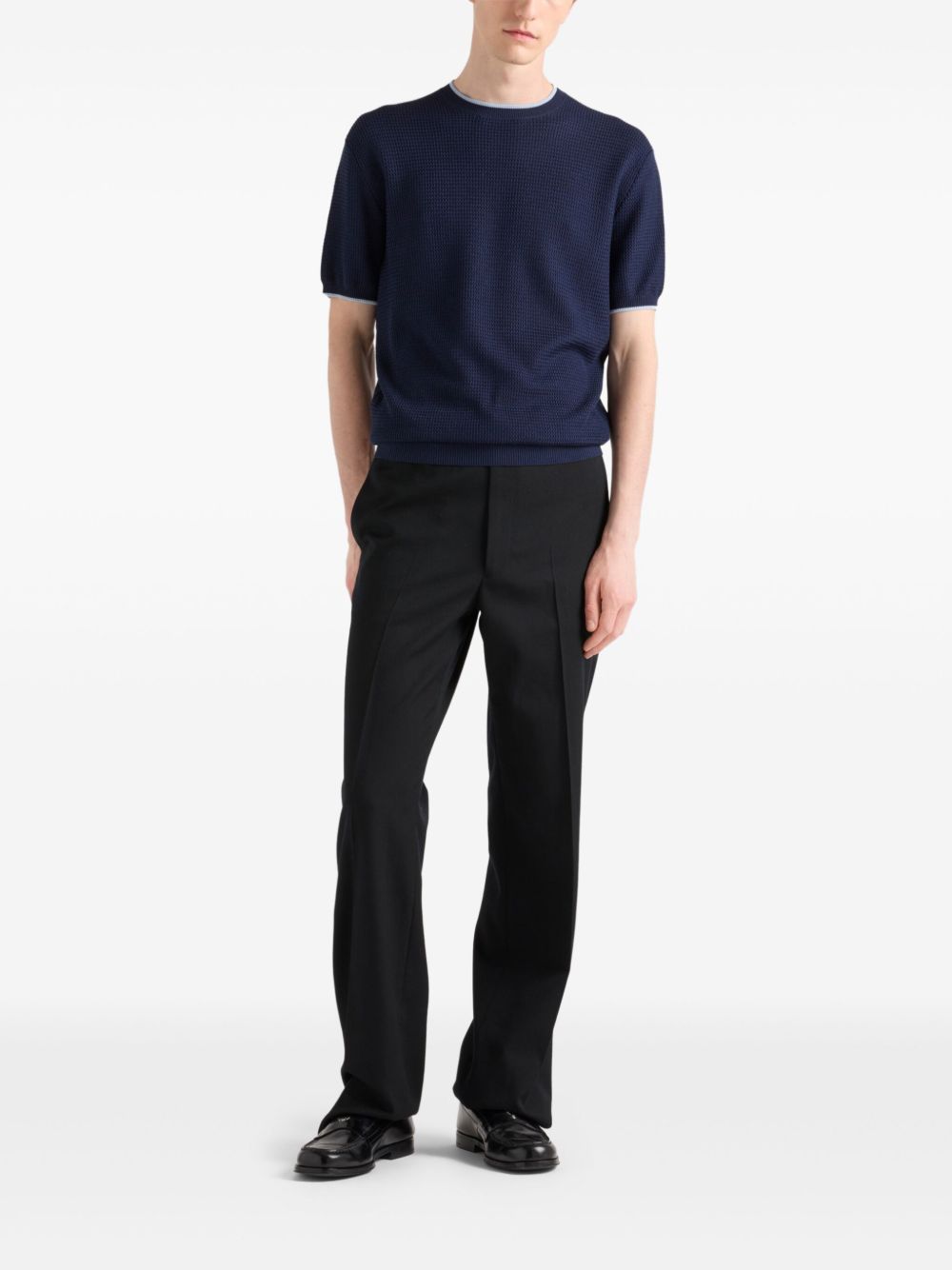 Navy Blue Short-Sleeve Sweater With Contrasting Border