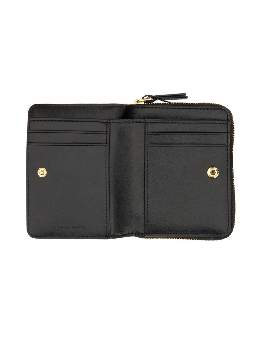 Black Textured Leather Zip Around Mini Wallet