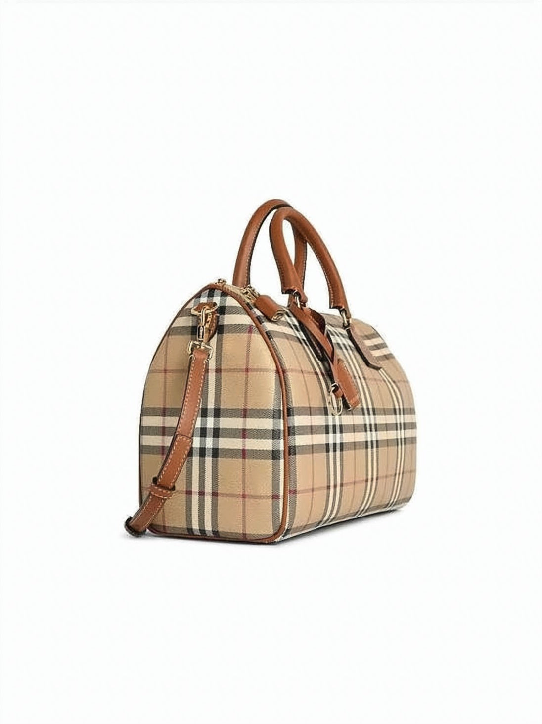 Medium Check Pattern Bowling Bag with Leather Accents
