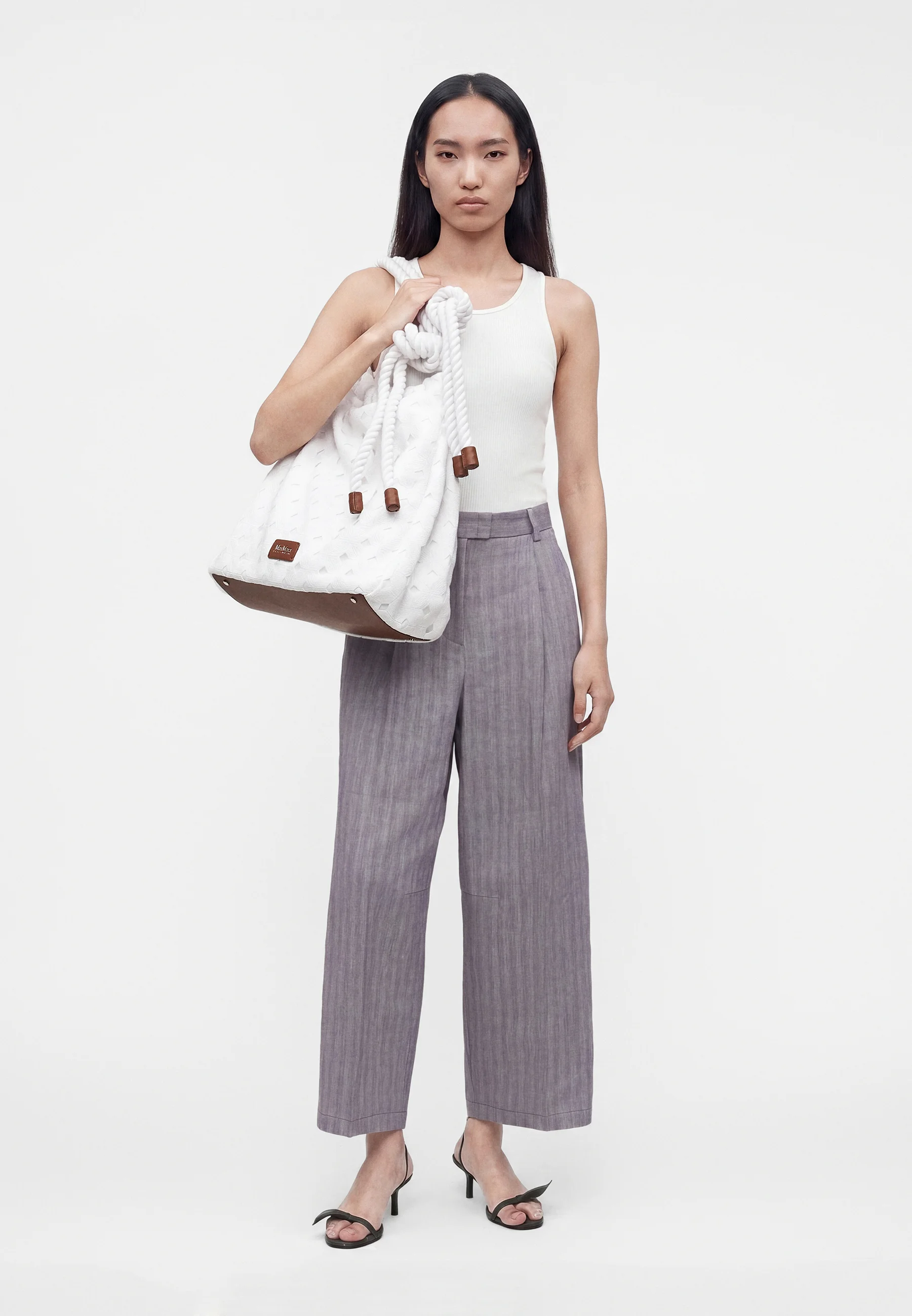 White Geometric Tote Bag with Twisted Rope Handles