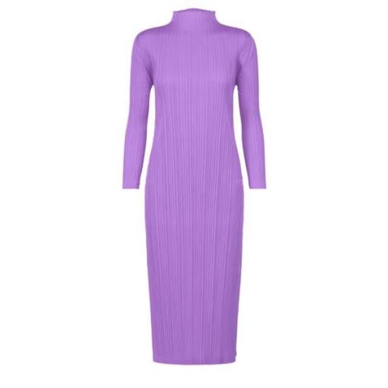 Long Fitted Pleated Dress With High Neckline