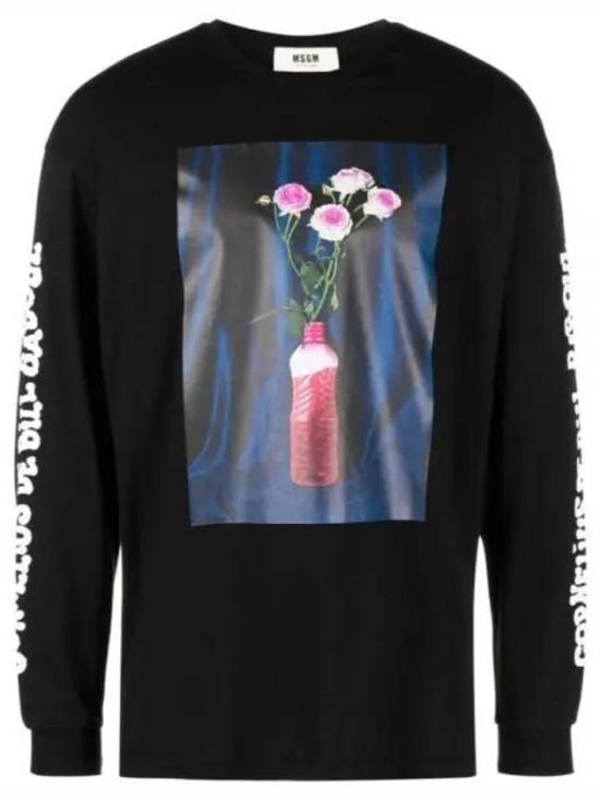 Long-Sleeve Black Graphic T-Shirt with Floral Design