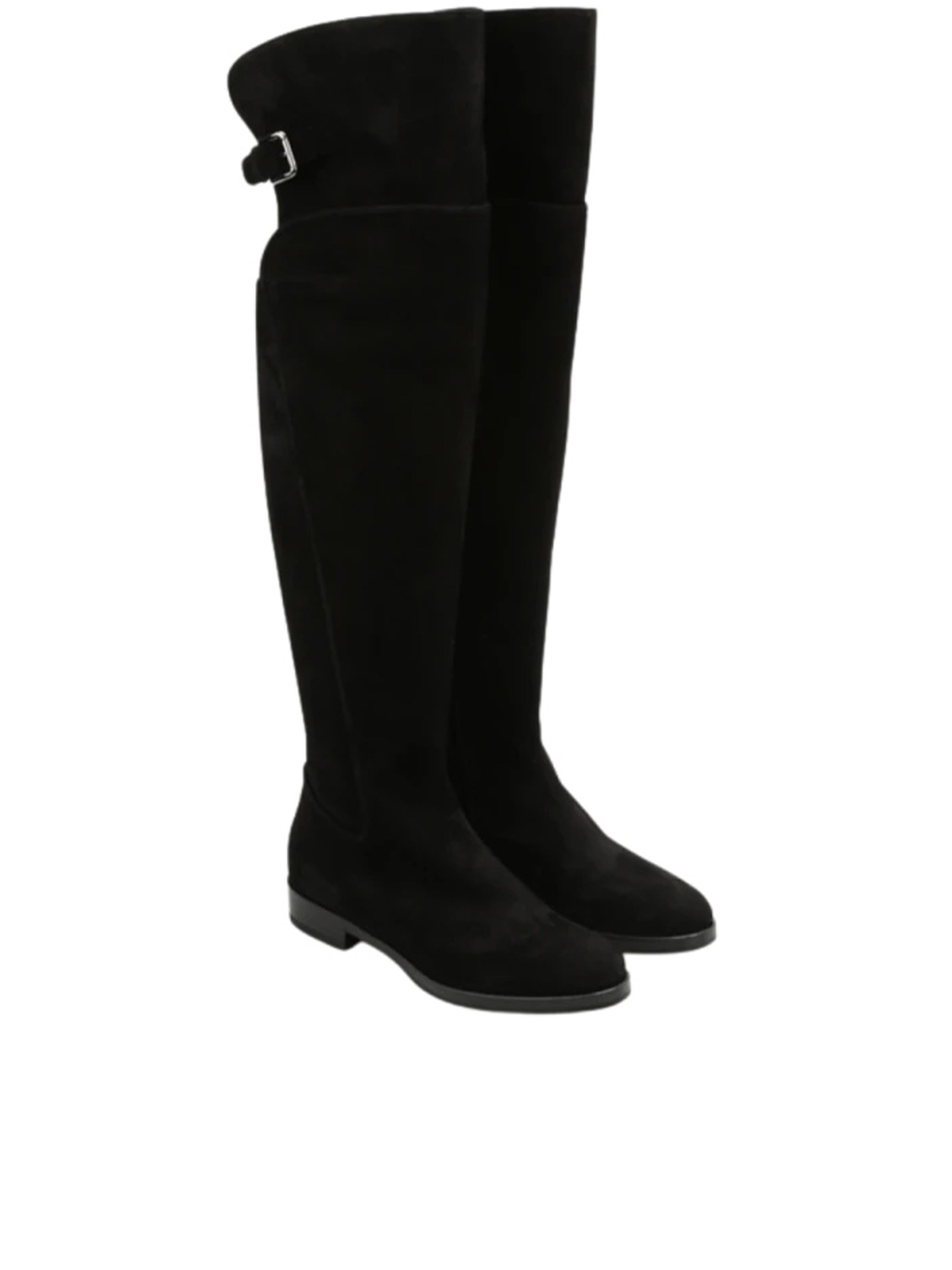Tall Black Leather Decorative Buckle Boots