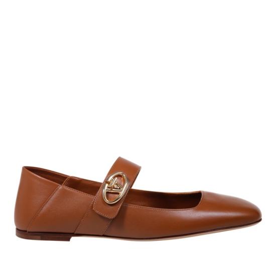 Pointed Toe Calf Leather Flats with Gold-Tone Buckle