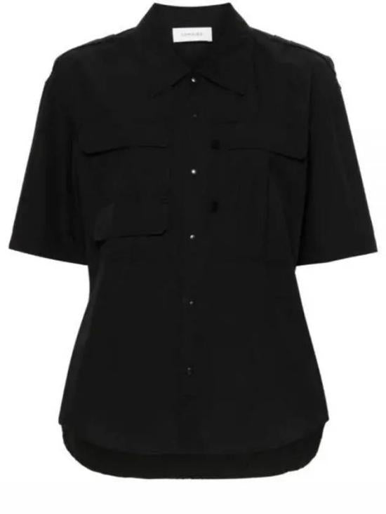 Structured Black Blouse with Classic Collar and Utility Pockets