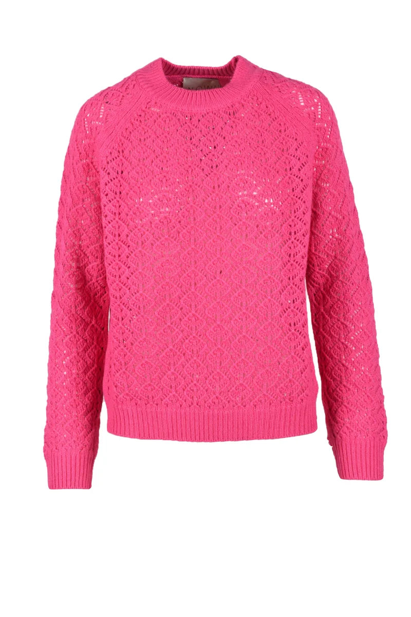 Open-Knit Fuchsia Sweater with Ribbed Cuffs