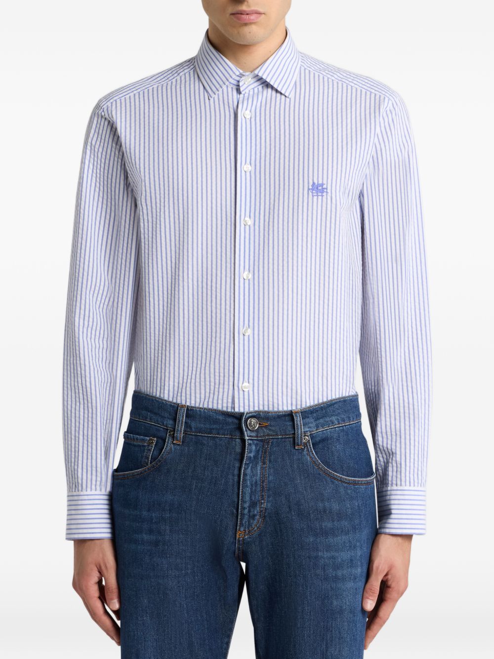 Vertical Blue and White Striped Cotton Shirt