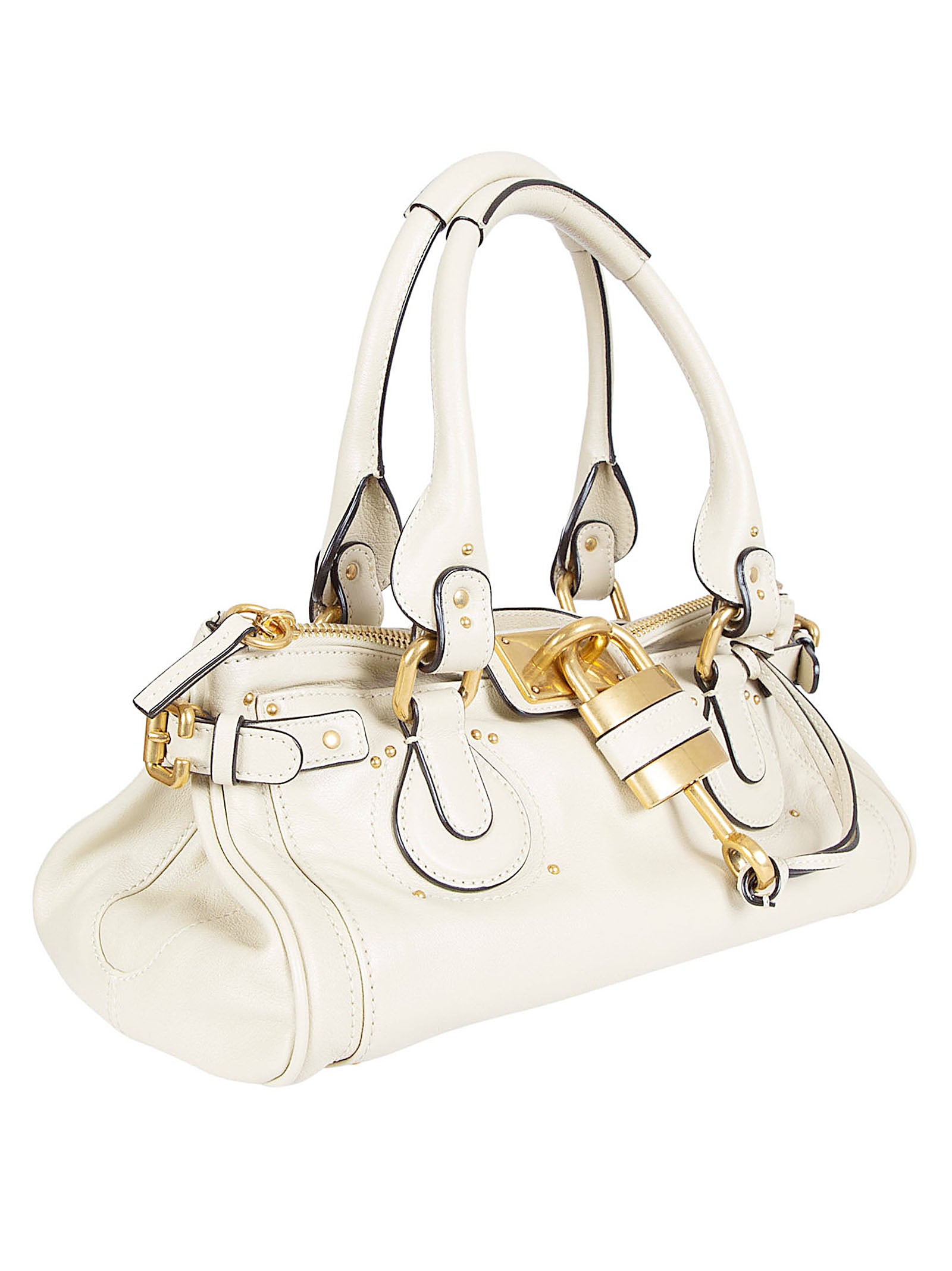 Structured White Leather Handbag with Golden Accents and Versatile Carry Options