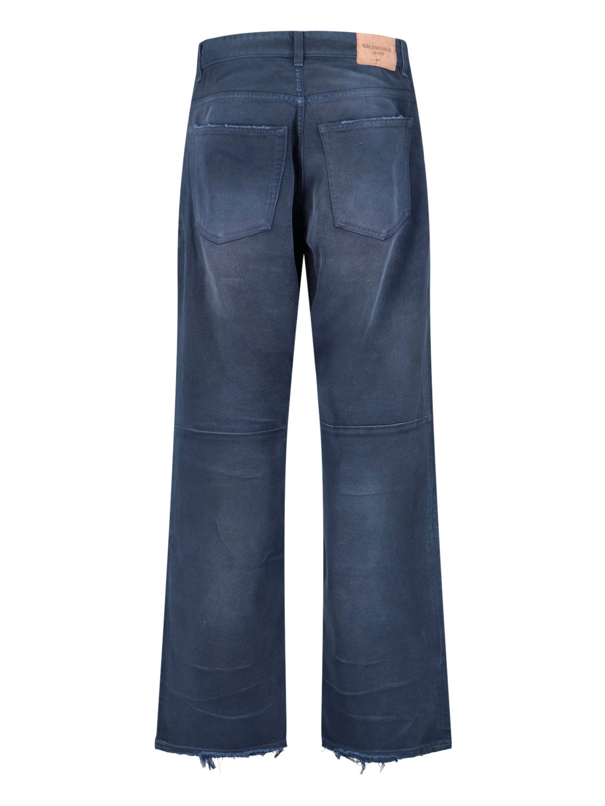 Distressed Dark Blue Denim Jeans With Logo Patch