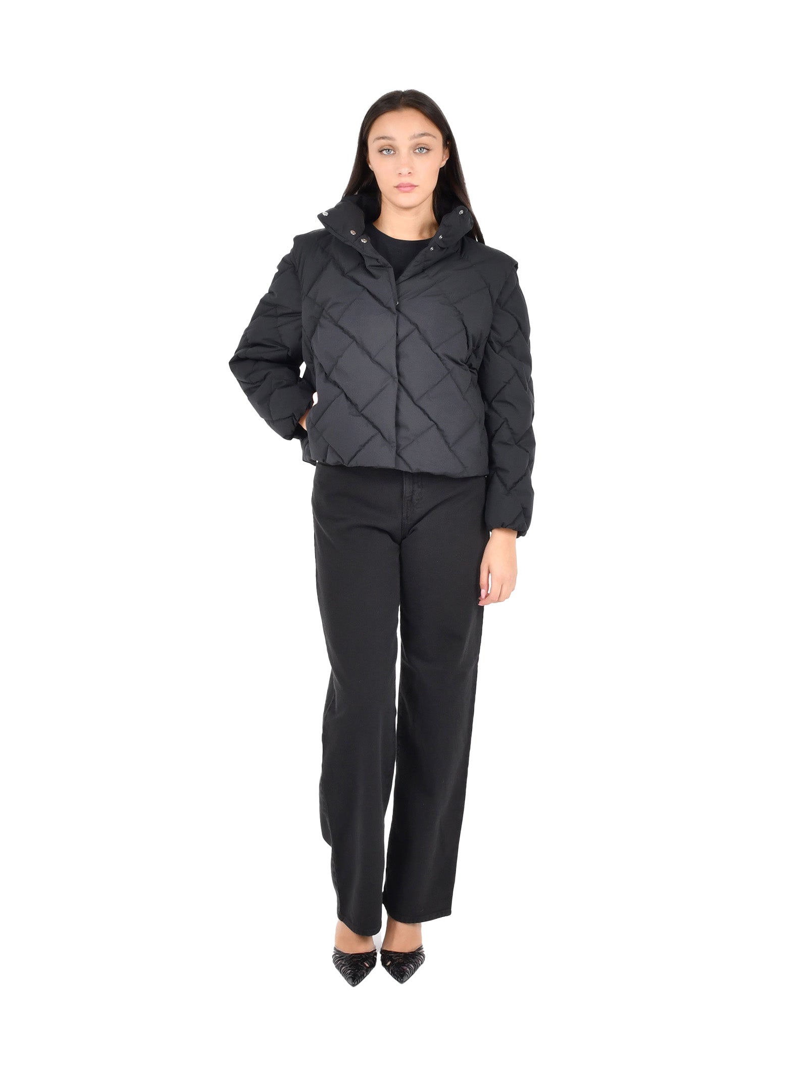 Diamond-Quilted Nylon Down Jacket With High Collar