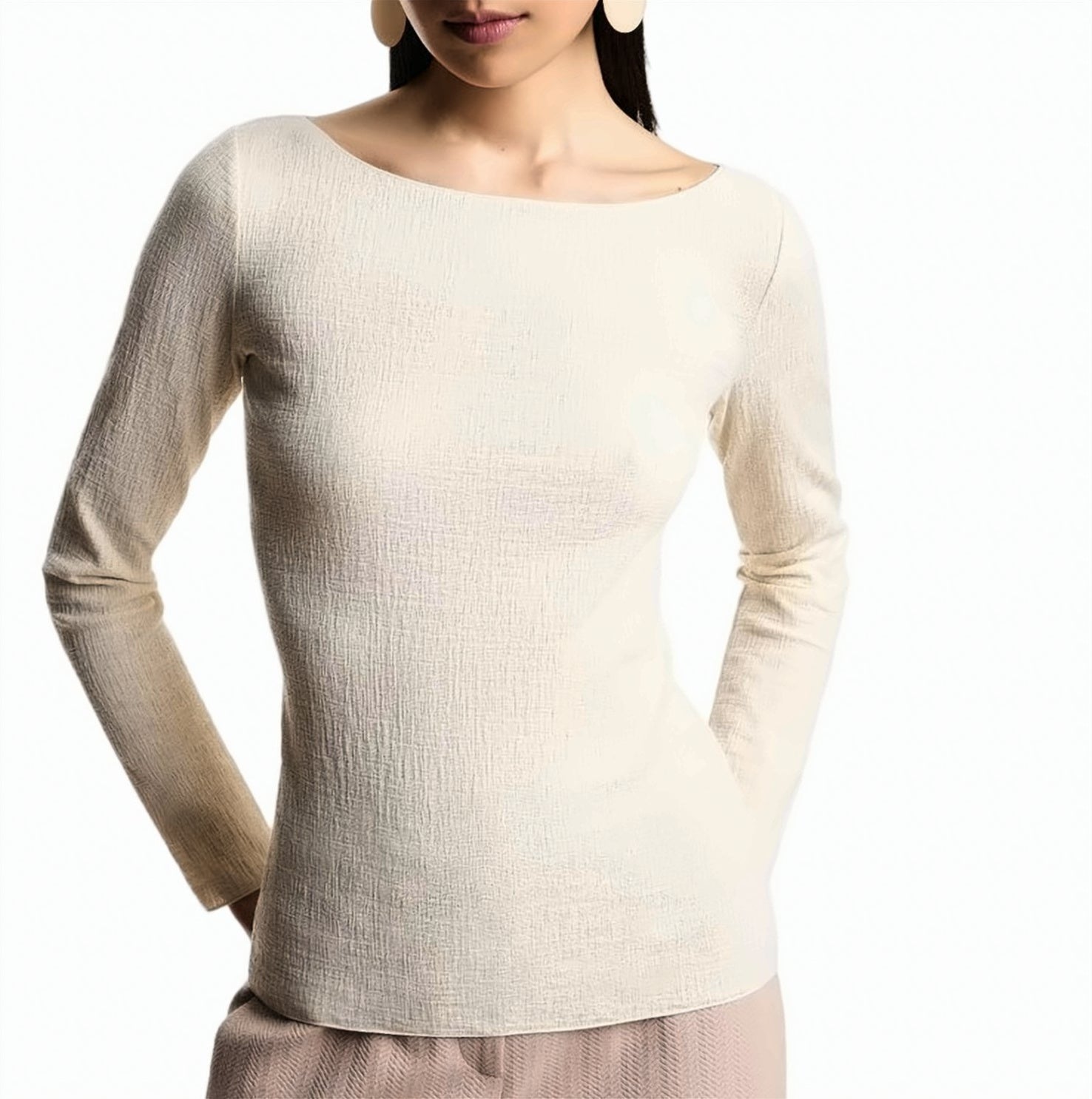 Boat Neck Stretch Jersey Textured Sweater