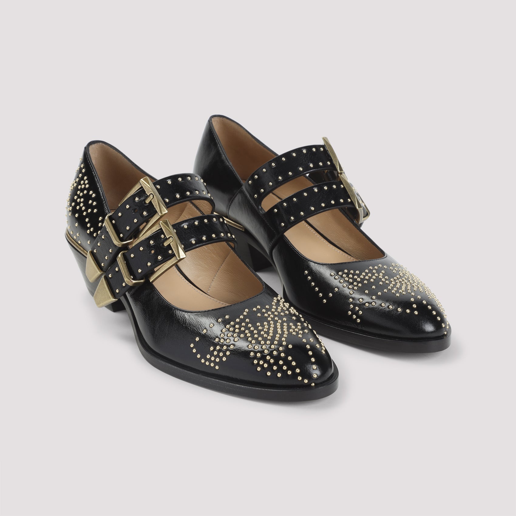 Pointed Toe Pumps with Gold Buckle Accents
