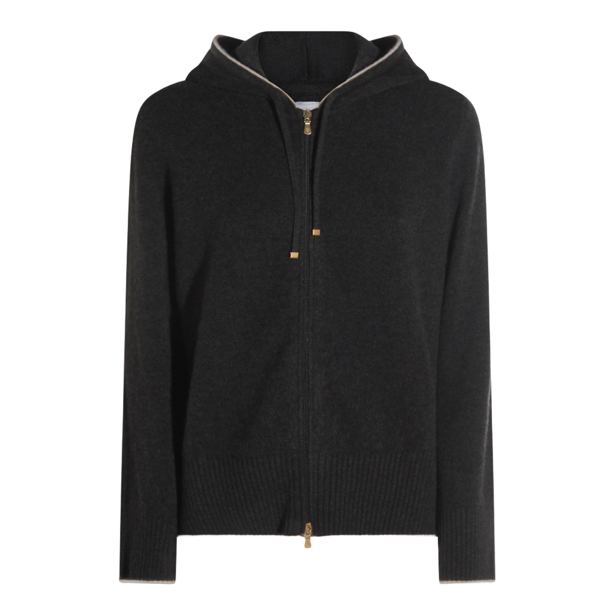 Black Zip-Up Sweater With Contrasting Trim And Gold-Toned Zipper