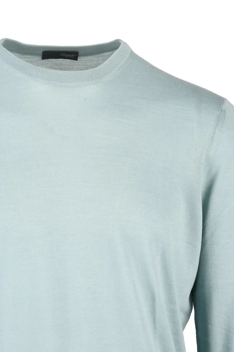 Thin Merino Wool Crew Neck Pullover - Aqua Green