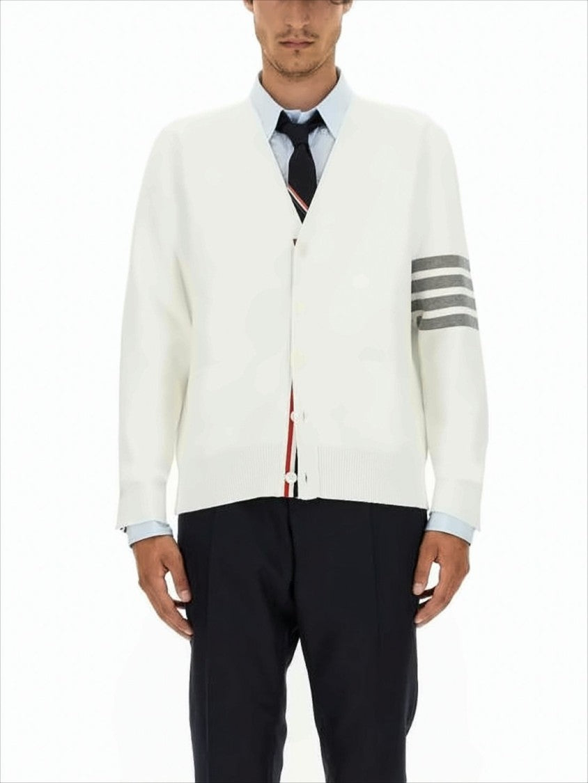 Minimalist White Cotton Cardigan with Ribbed Cuffs and Tricolor Detail