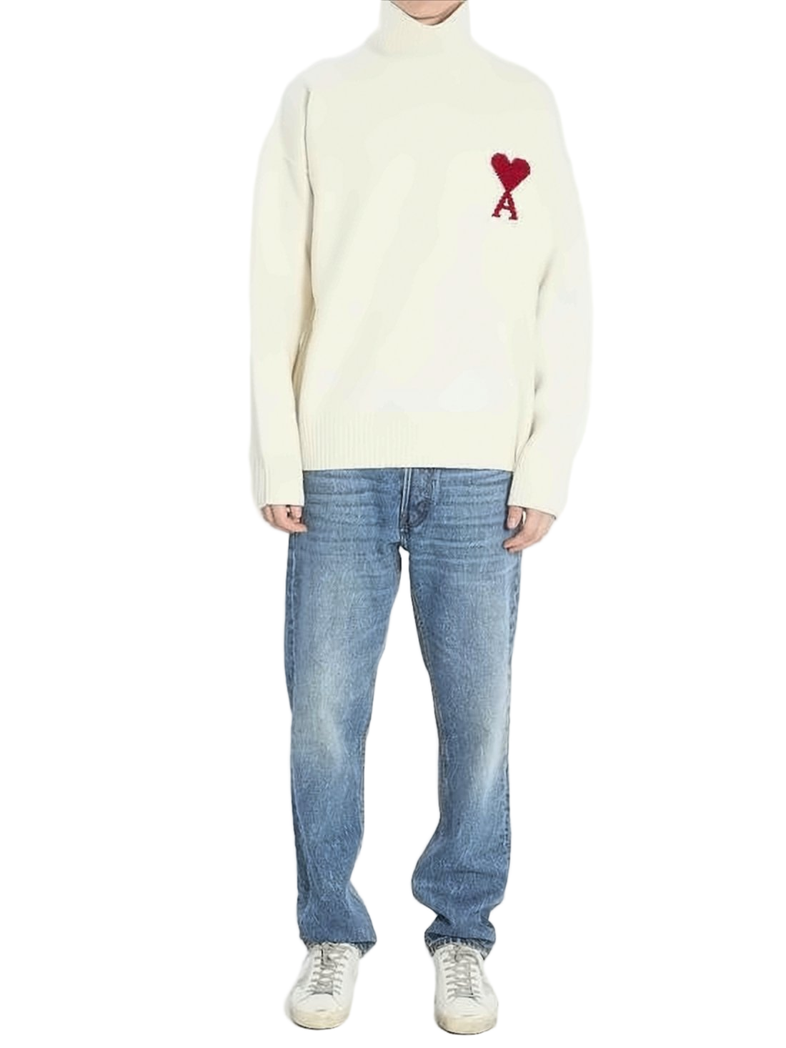 White Wool Turtleneck Sweater with Heart Emblem